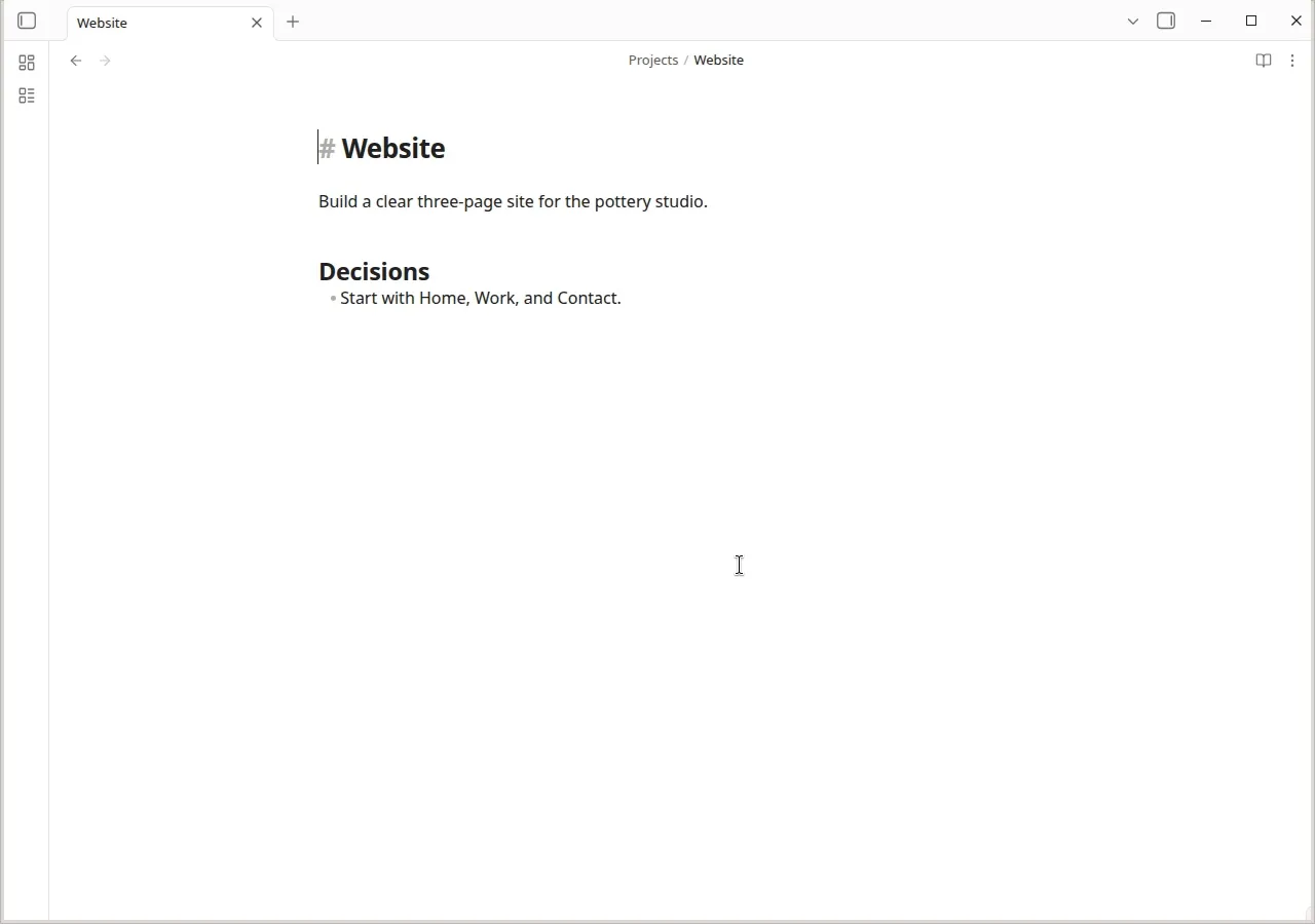 Applying the Project update template in Obsidian, choosing Append to bottom, and typing into the new Progress bullet while the original Decisions remain above